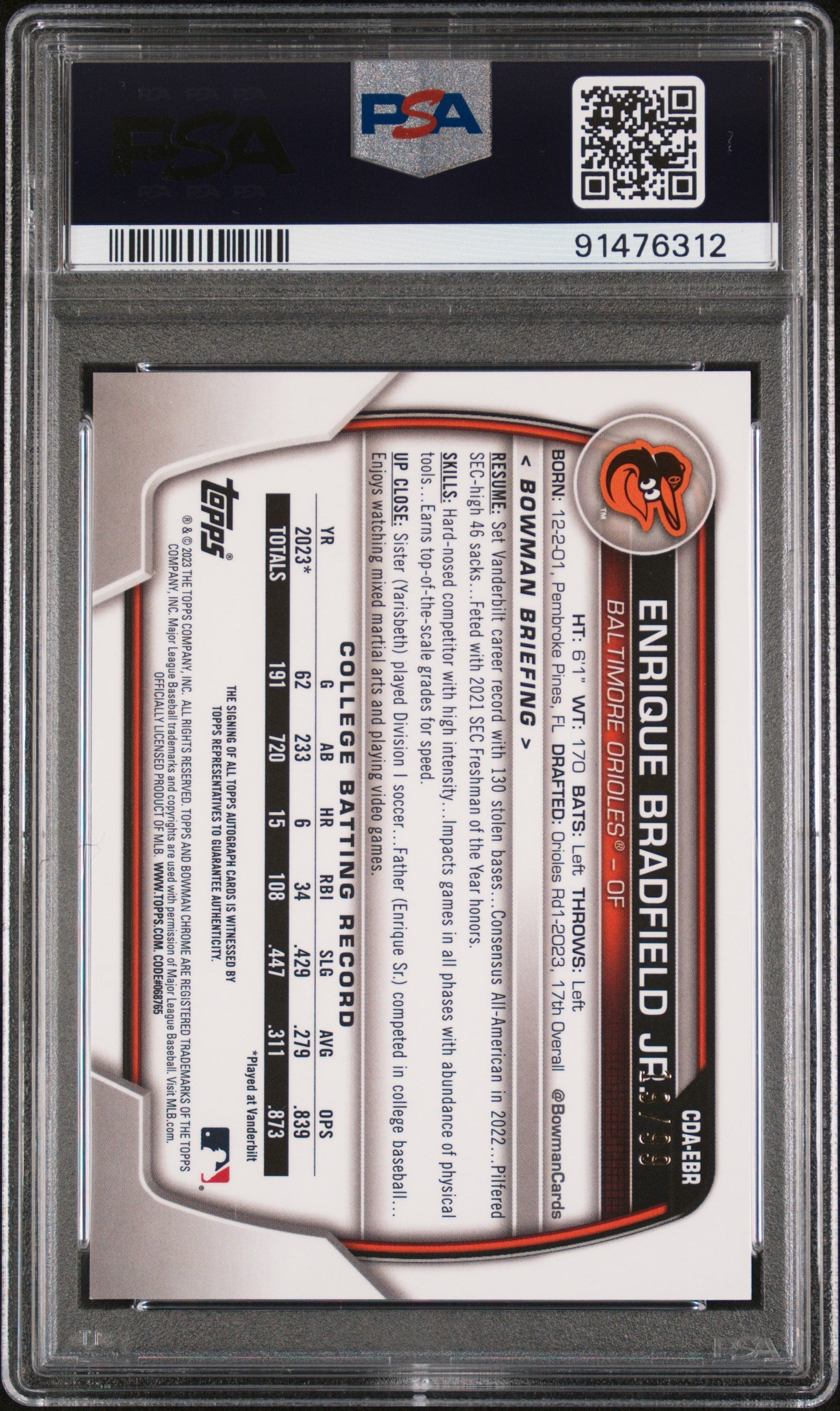 2023 Bowman Draft Sapphire Chrome #CDAEBR Enrique Bradfield Jr Auto 10 #/499