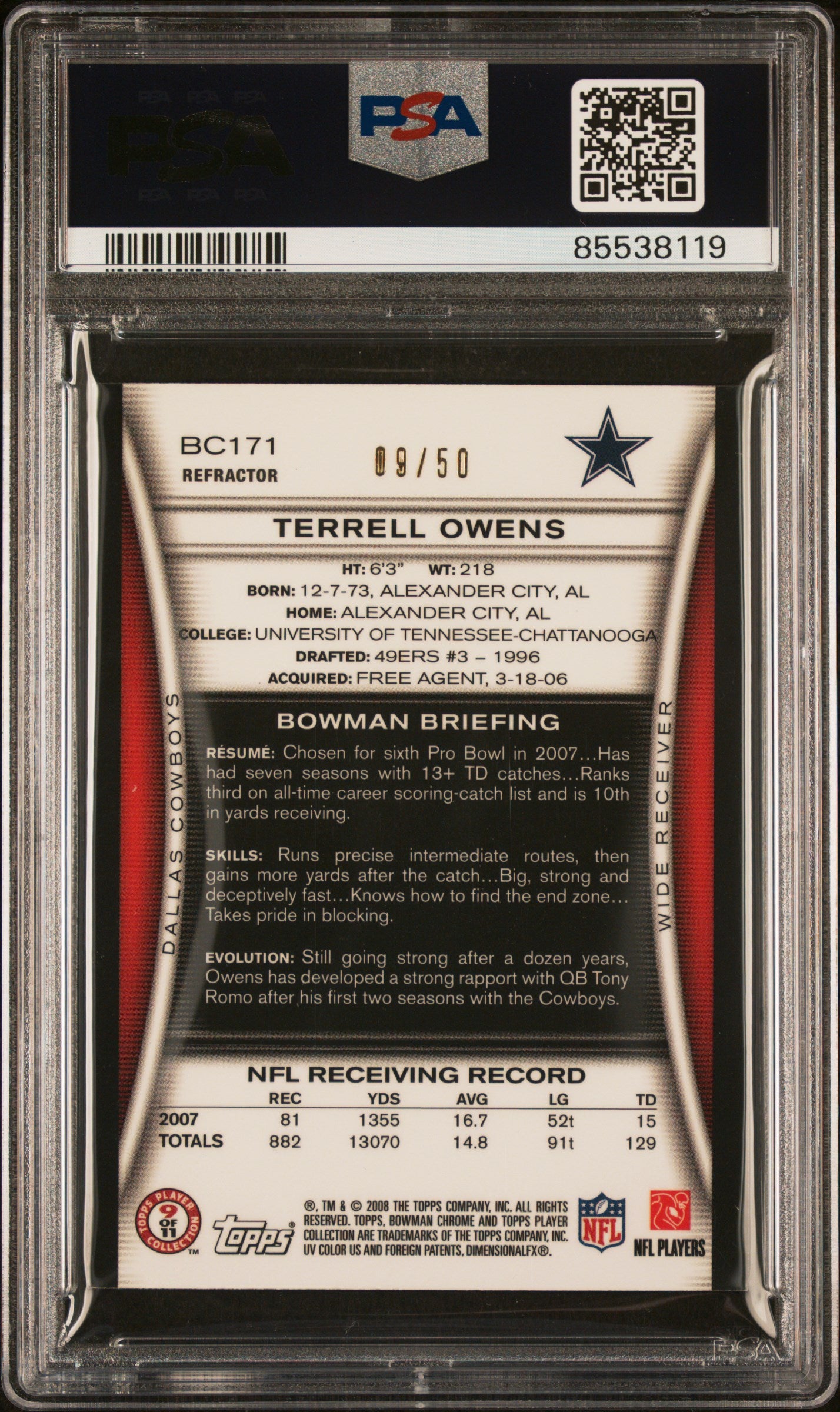 2008 Bowman Chrome #BC171 Terrell Owens Gold PSA 9