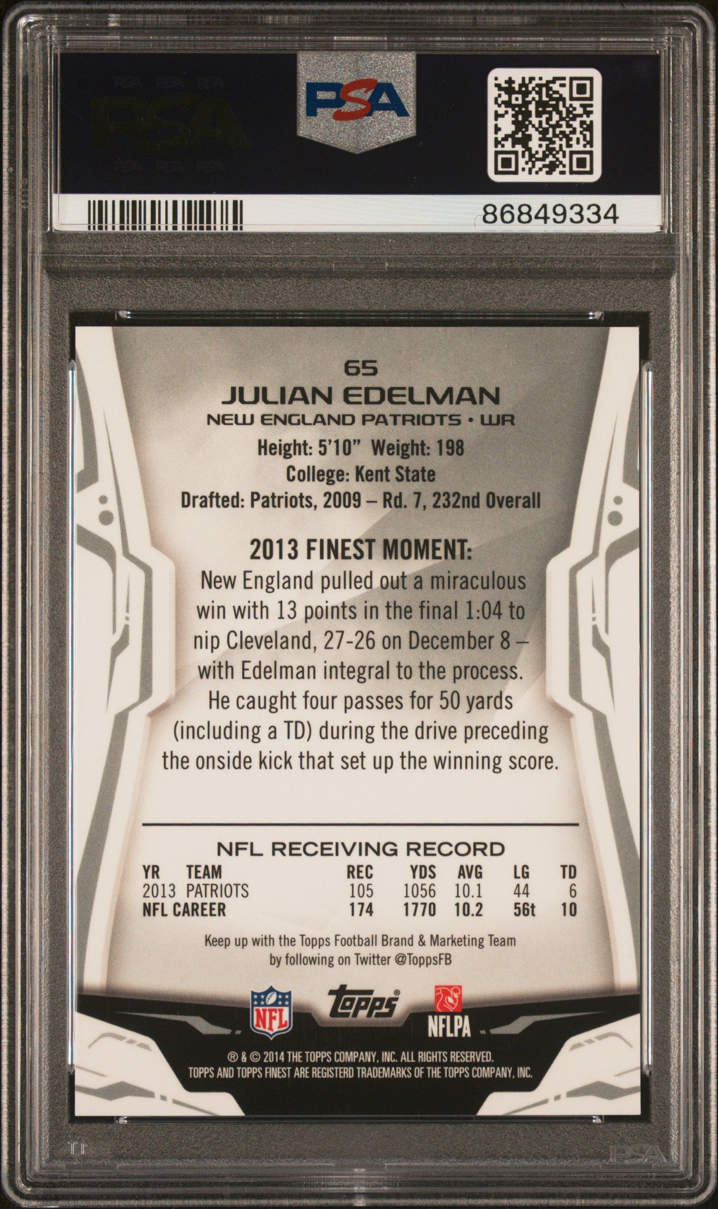 2014 Finest #65 Julian Edelman Pulsar Refractor PSA 10