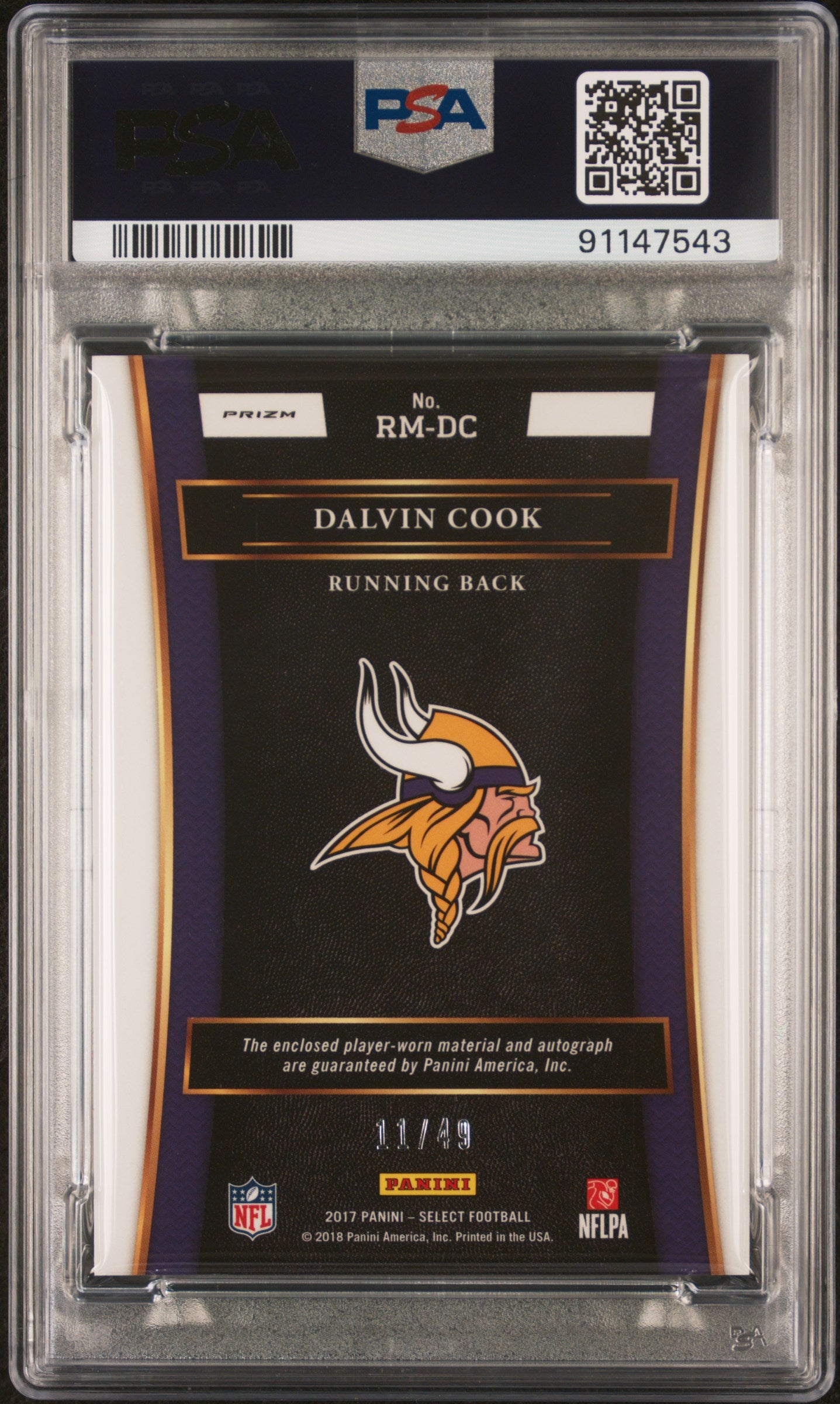 2017 Panini Select #RM-DC Dalvin Cook Rookie Signature Memorabilia Purple Prizm PSA 10 #/49