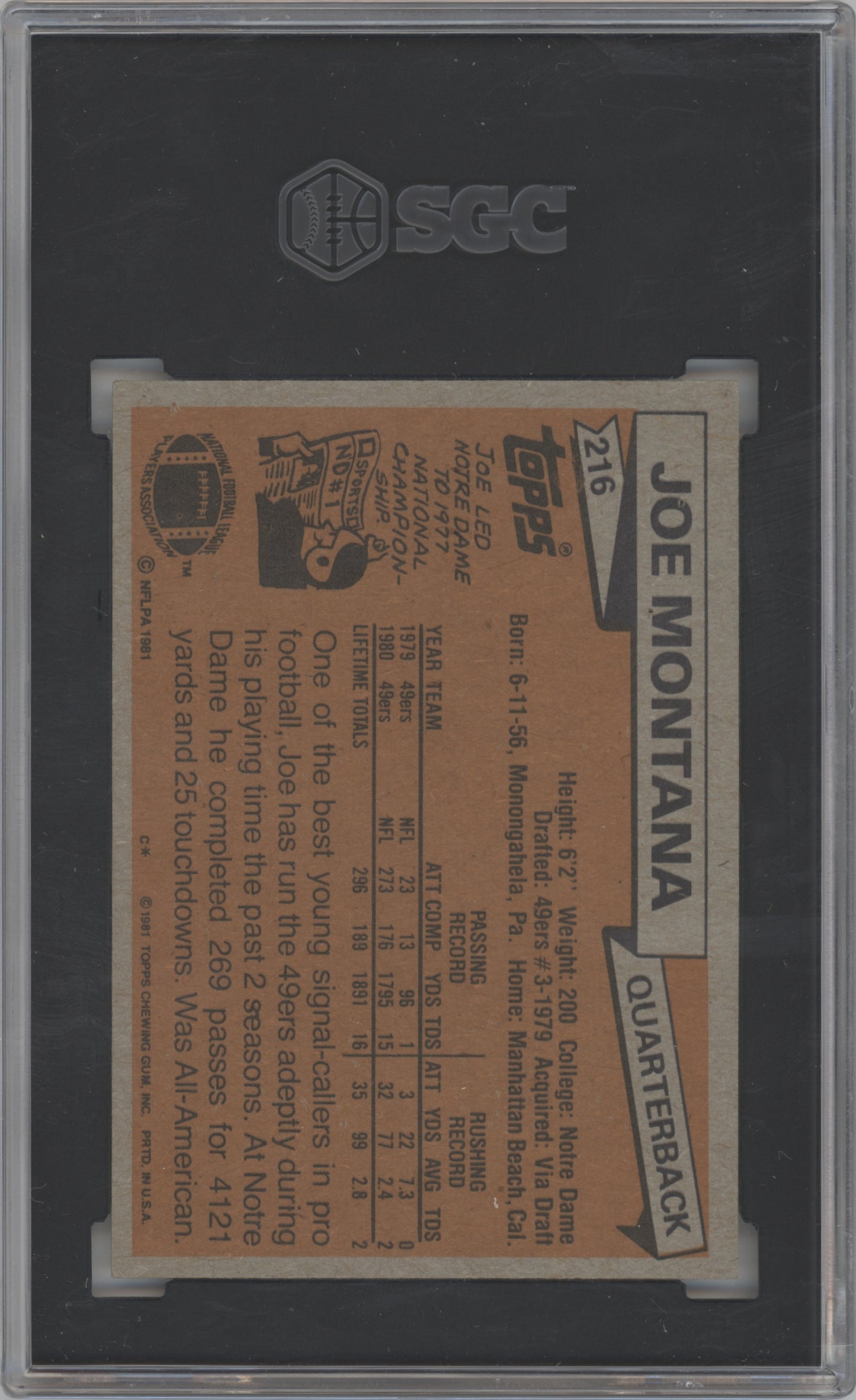 1981 Topps #216 Joe Montana SGC 6