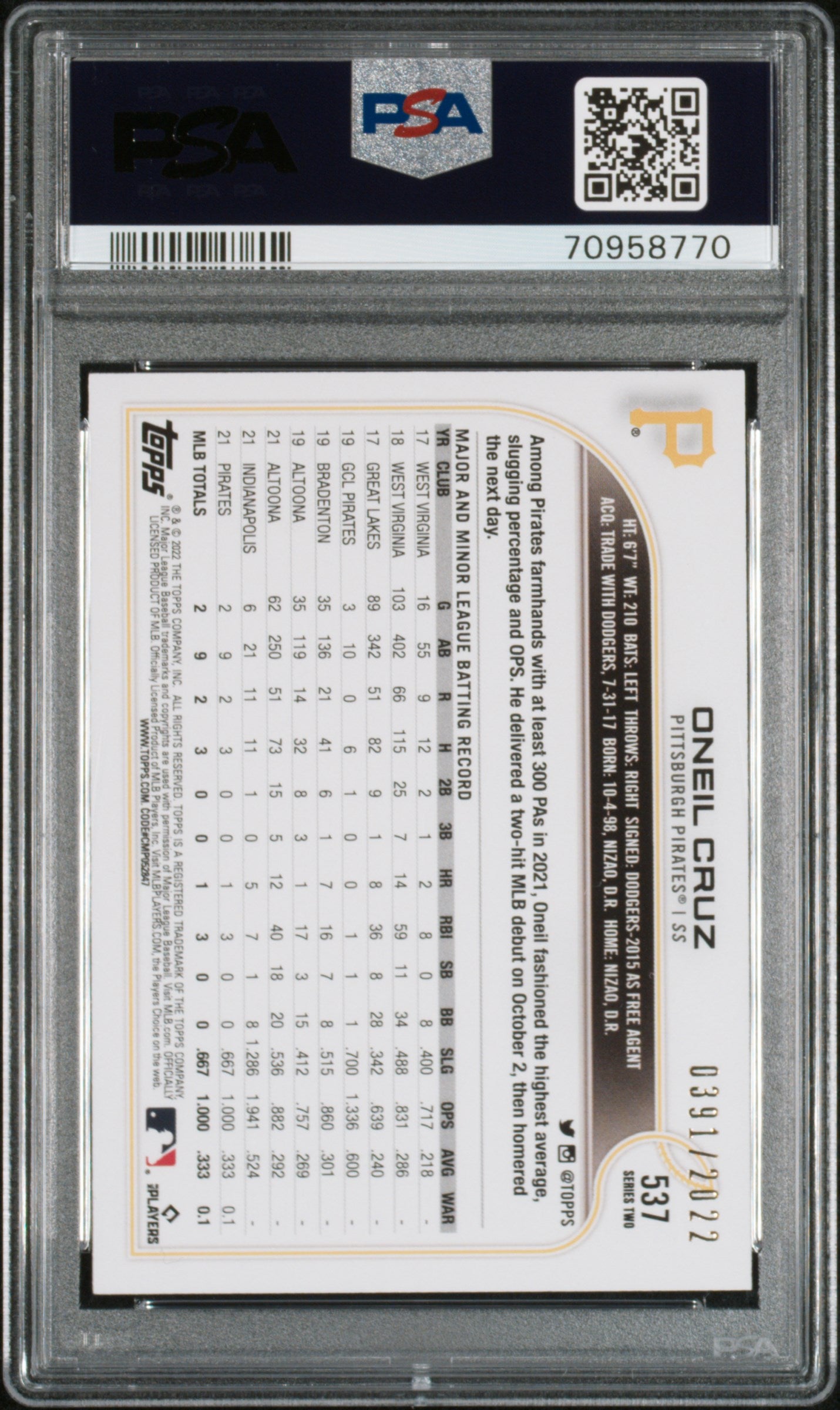 2022 Topps #537 Oneil Cruz Gold PSA 10 #/2022