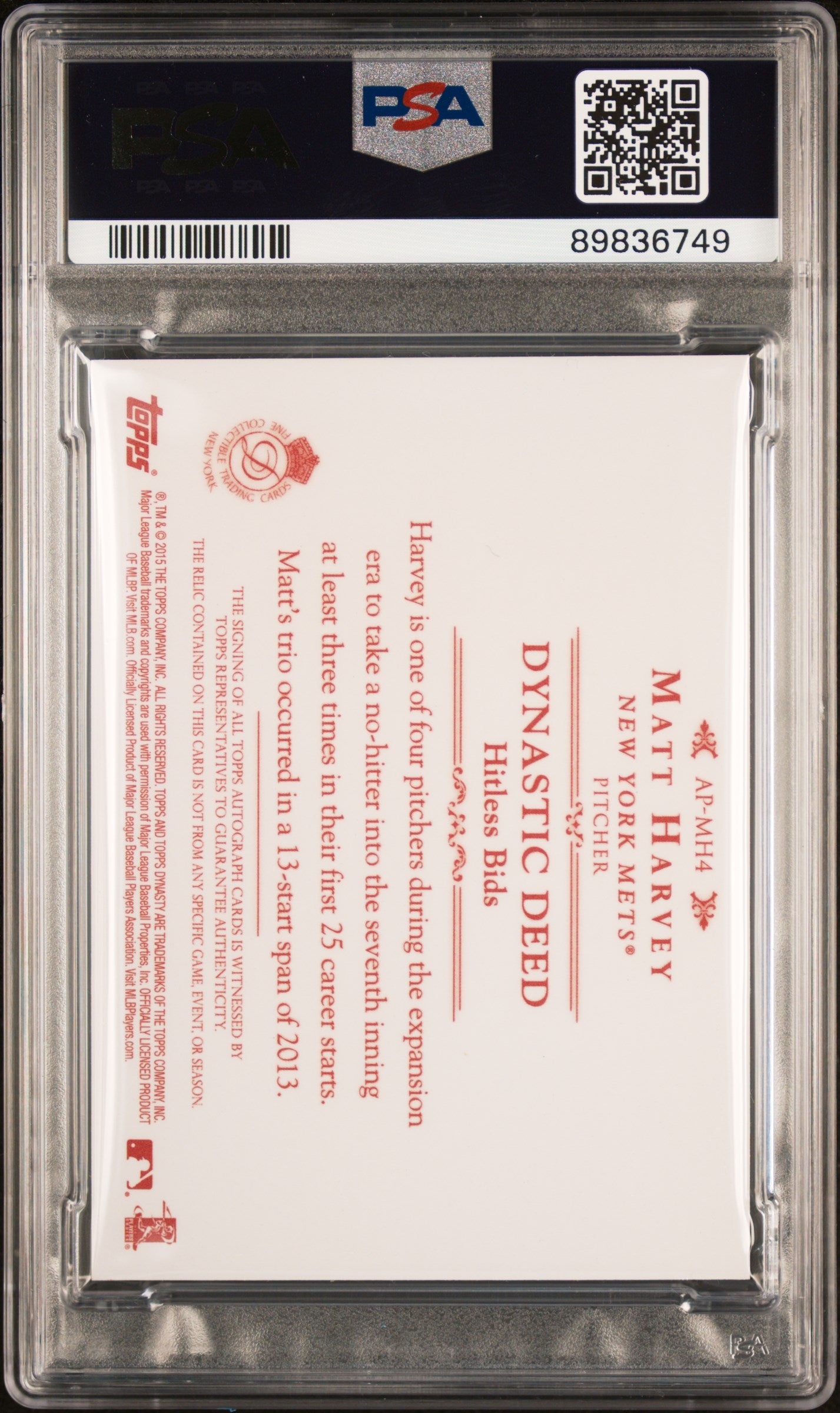 2015 Topps Dynasty #MH4 Matt Harvey Auto Patch Red #/1 PSA 10