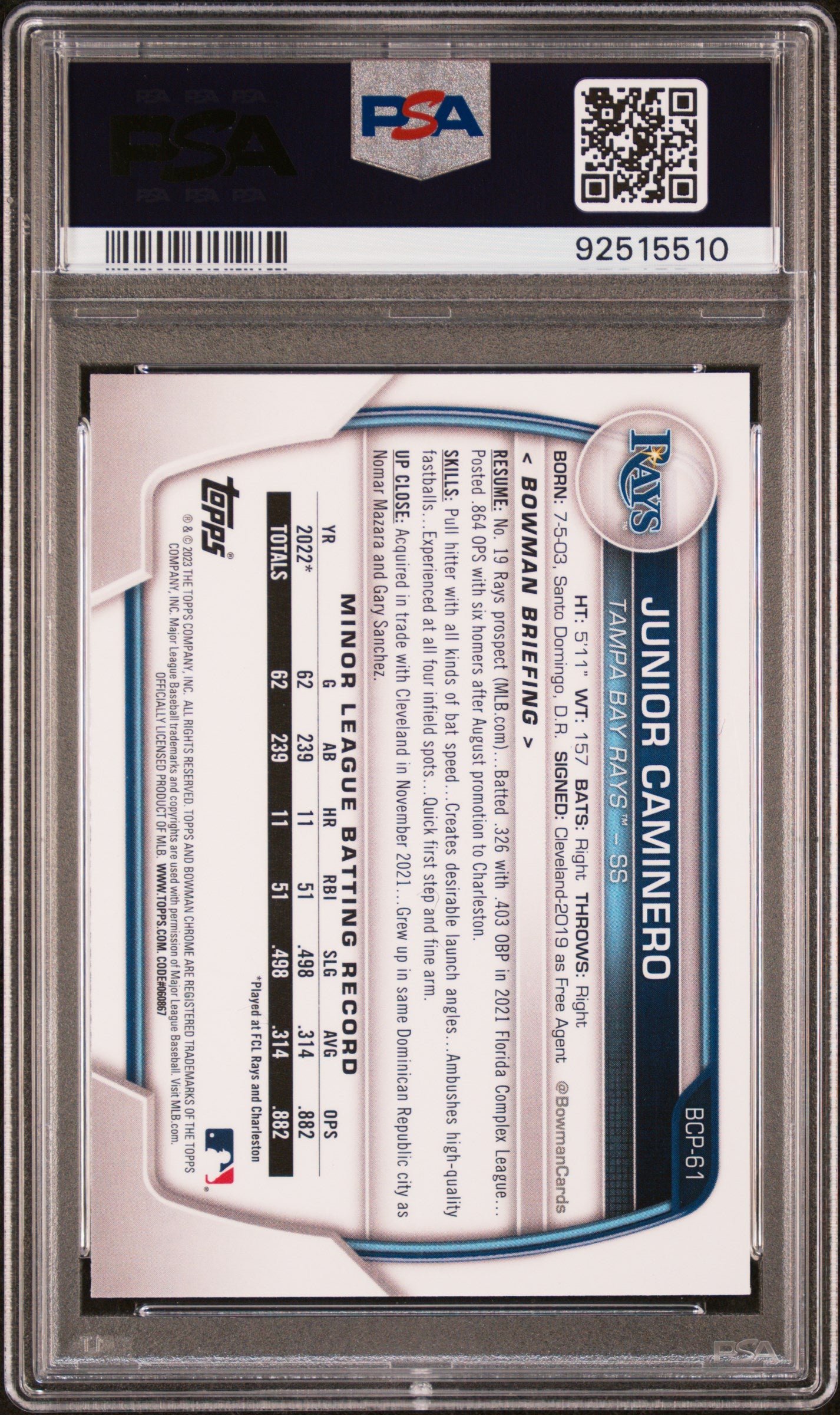 2023 Bowman Mega Box Chrome #61 Junior Caminero Chrome PSA 10