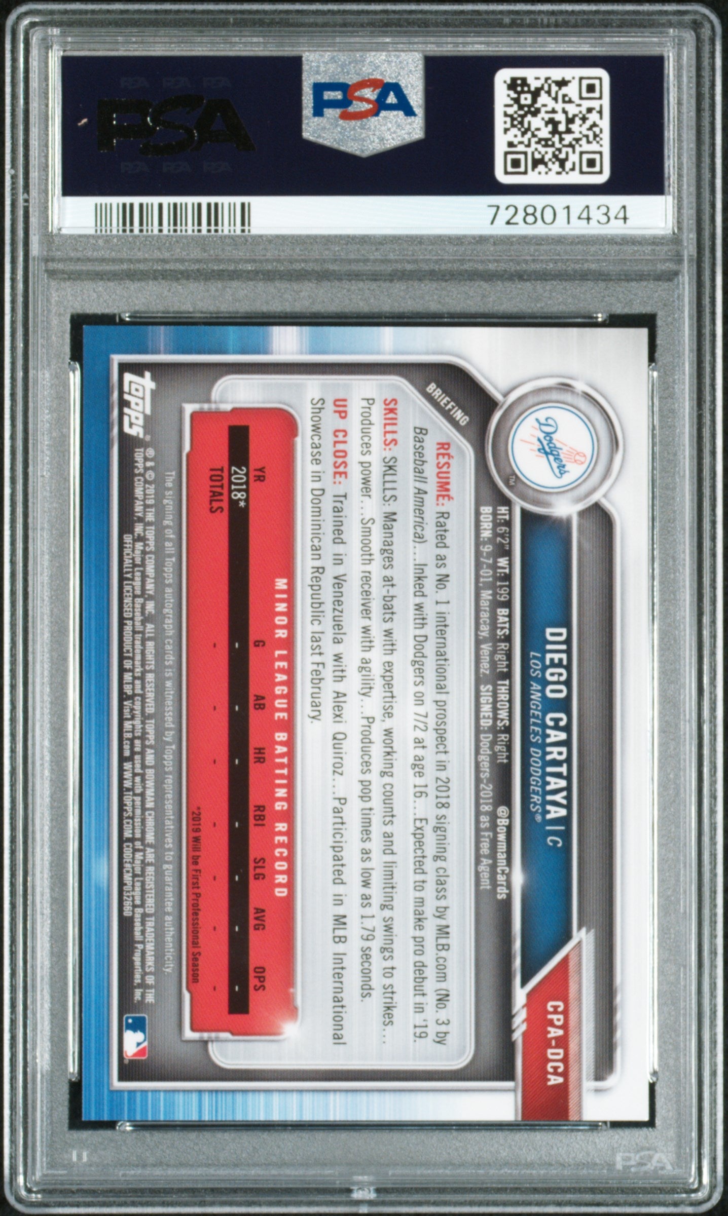 2019 Bowman Prospect Auto Chrome #DCA Diego Cartaya Gold PSA 10 #/50