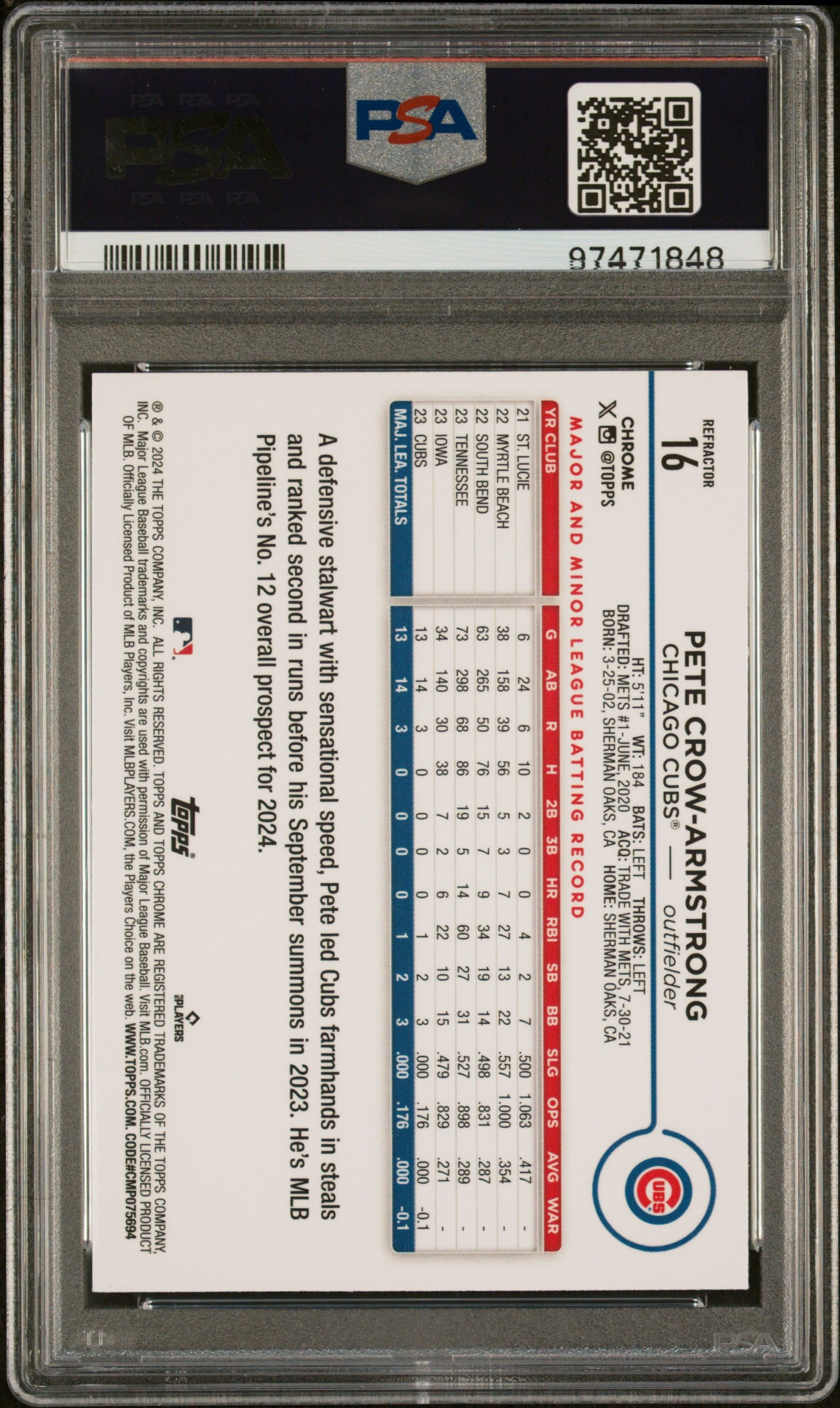 2024 Topps Chrome #16 Pete Crow-Armstrong Refractor PSA 10