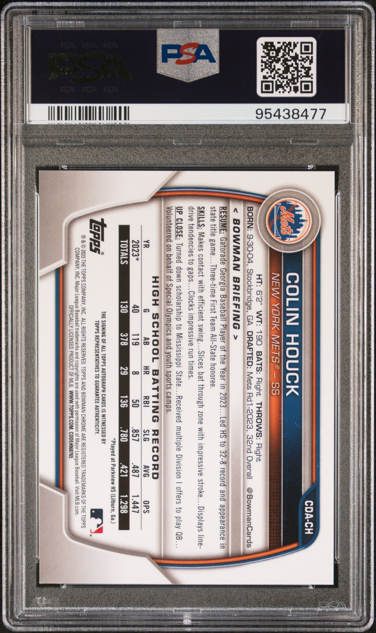 2023 Bowman Draft Chrome Prospect Autograph #CDACH Colin Houck Autograph PSA 10