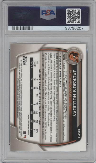 2023 Bowman Draft Jackson Holliday #BDC-118 Chrome Variation PSA 10