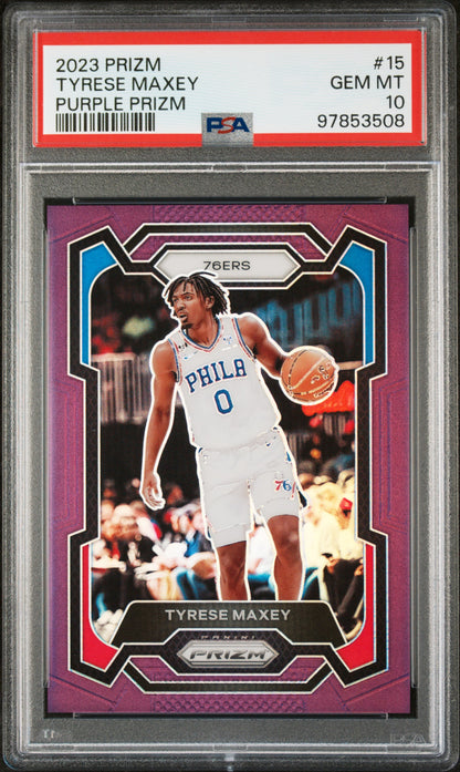 Tyrese Maxey 2023 Panini Prizm #15 Purple Prizm PSA 10