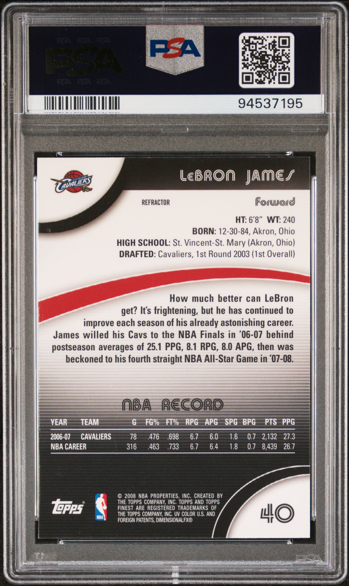 Lebron James 2007 Finest #40 Refractor PSA 9