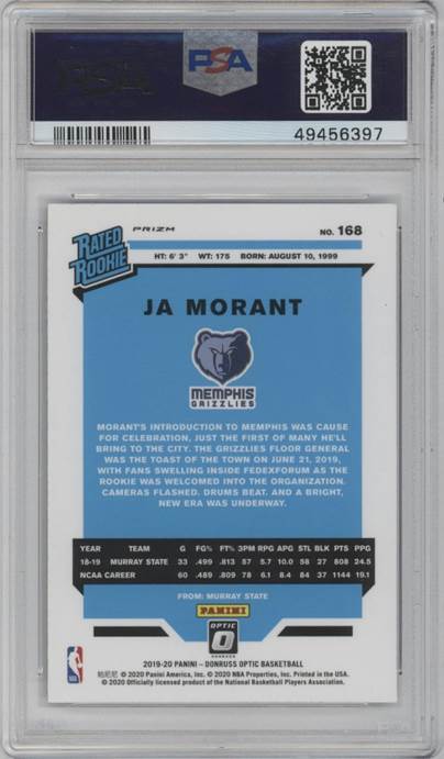 Ja Morant 2019 Panini Donruss Optic #168 Purple Rookie PSA 10